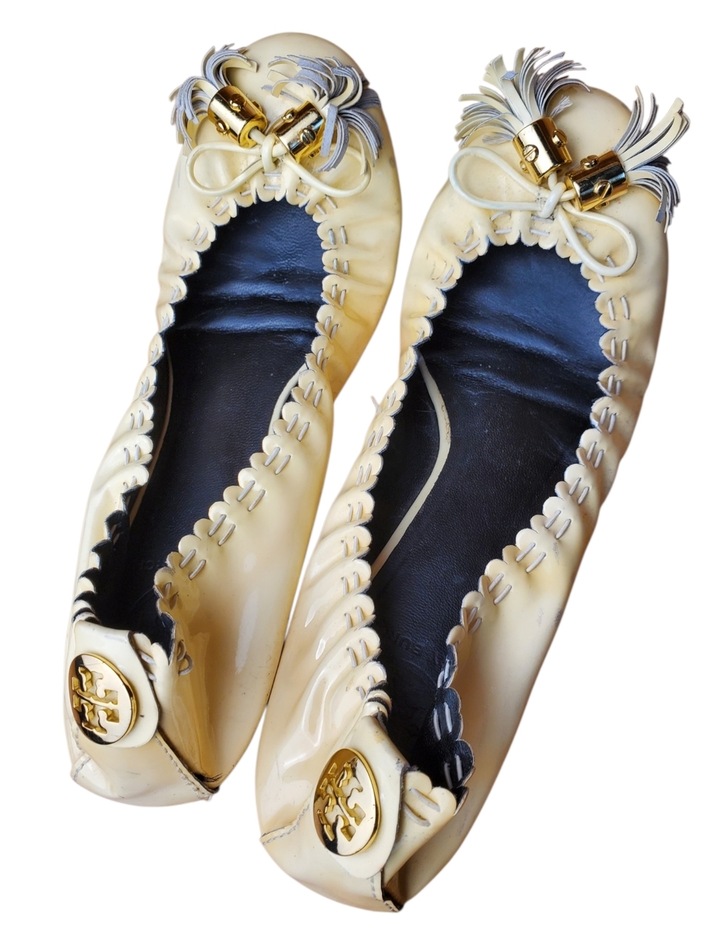 Tory Burch Cream Patent Leather Tassel Ballet Flats with Gold Logo